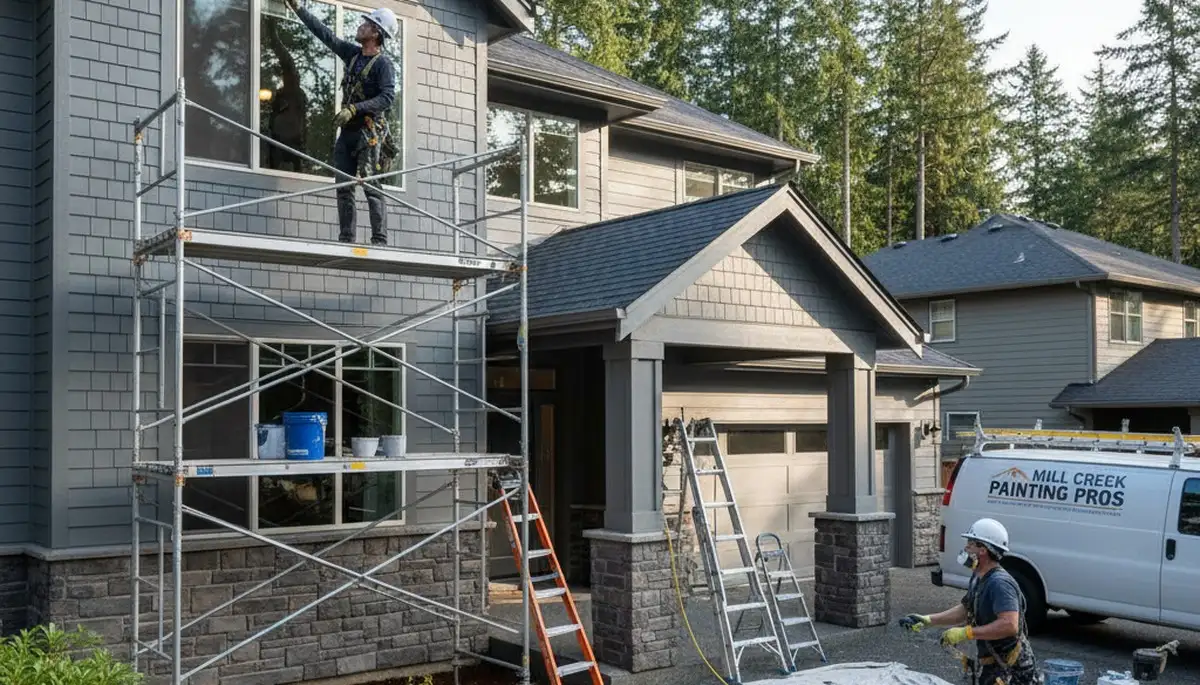 Seattle, WA painting contractor team preparing a residential exterior paint project